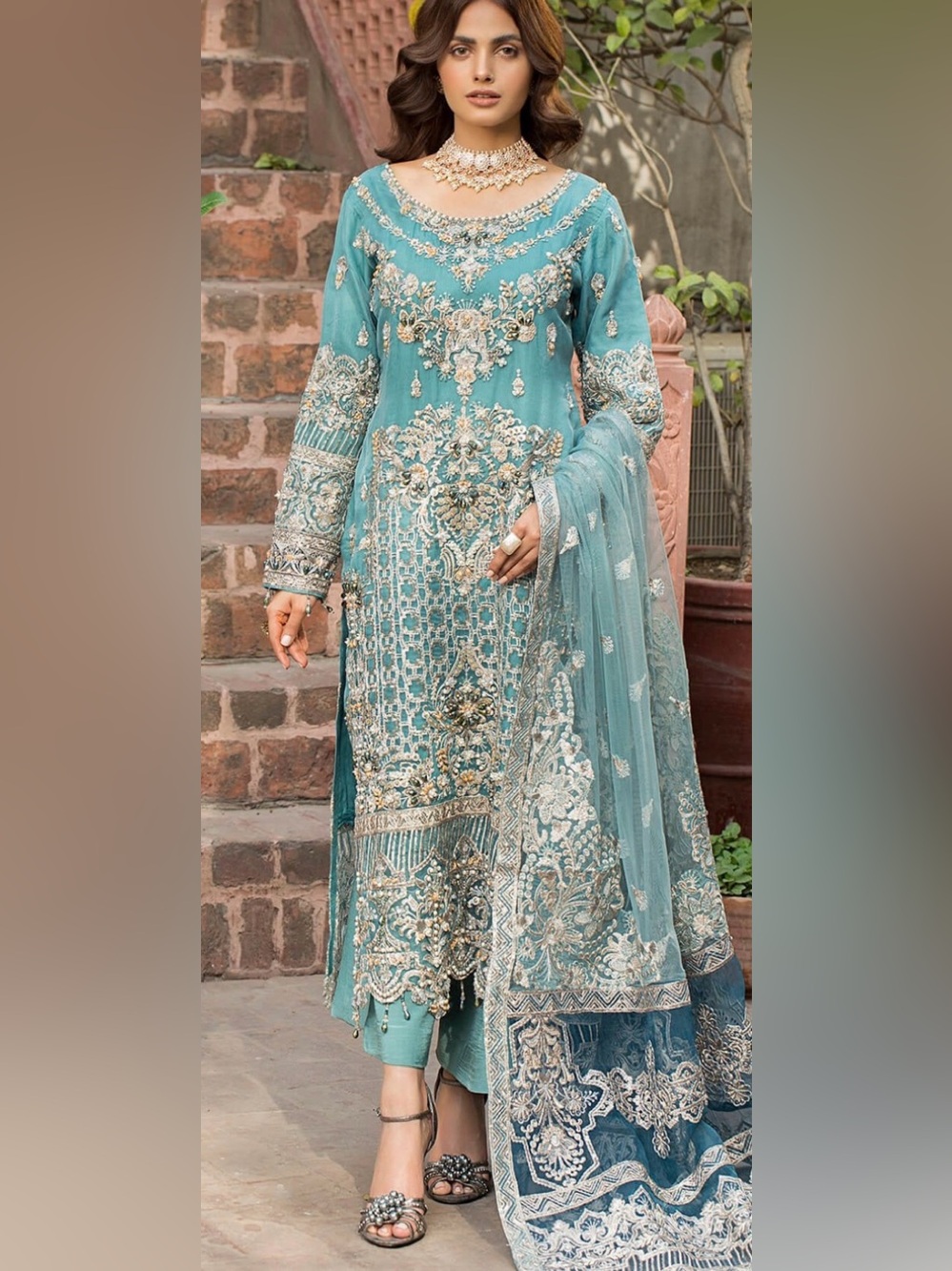 Embroidered Teal Women's Dress with Sheer Dupatta